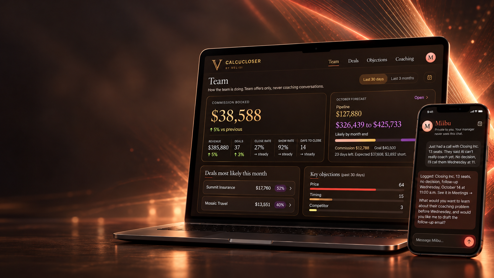 The CalcuCloser dashboard on a laptop with the Miibu coach on a phone